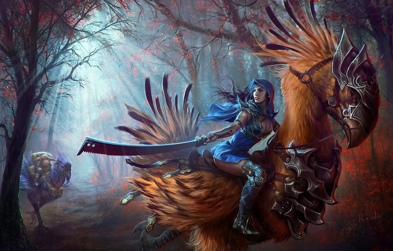 Photo wallpaper sword, fantasy, forest, animals, women-warrior