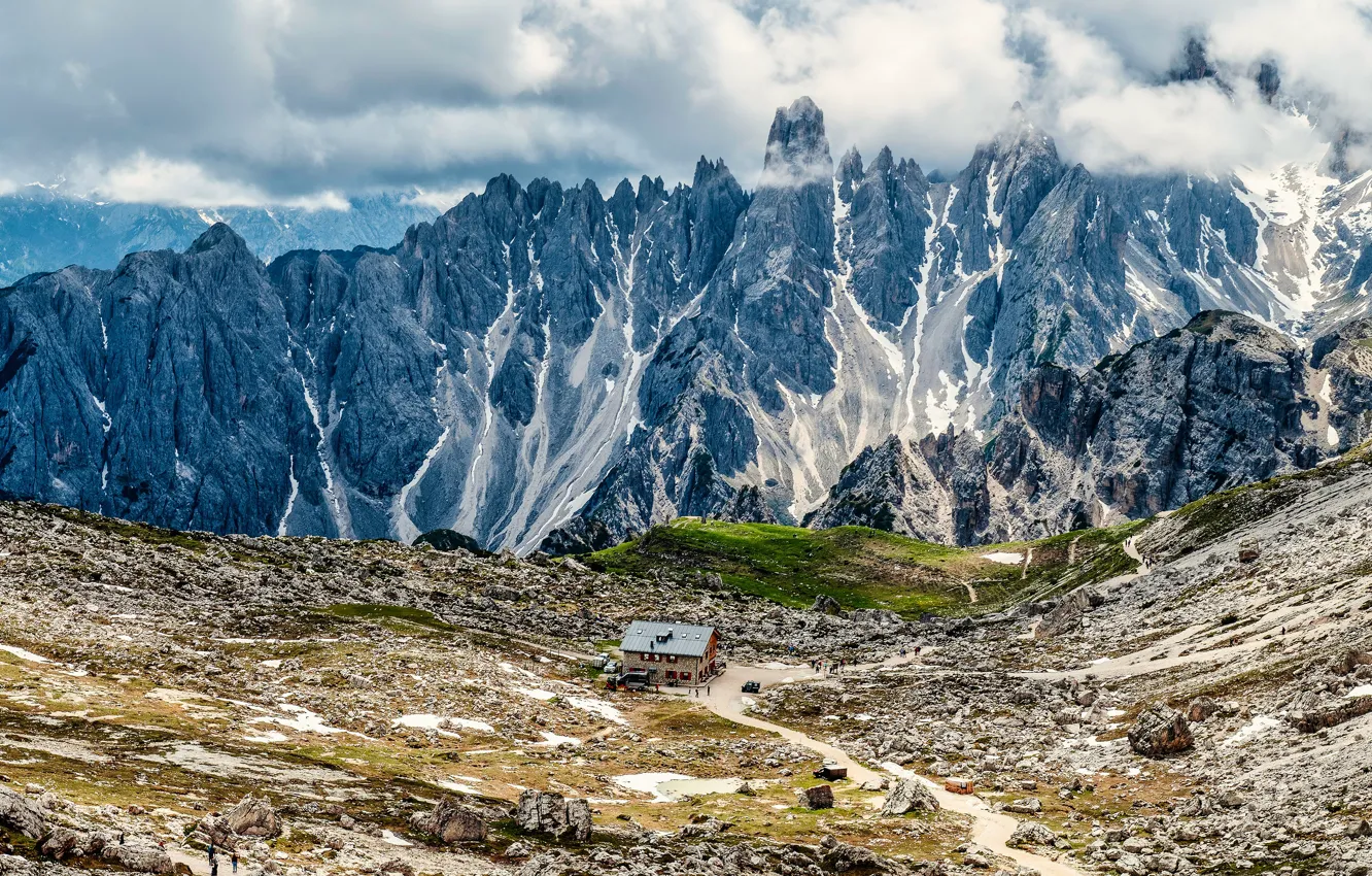 Photo wallpaper road, the sky, clouds, snow, mountains, stones, rocks, tops