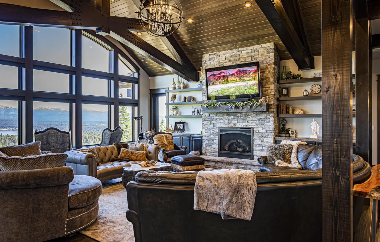Photo wallpaper design, style, room, interior, fireplace, living room, Chalet