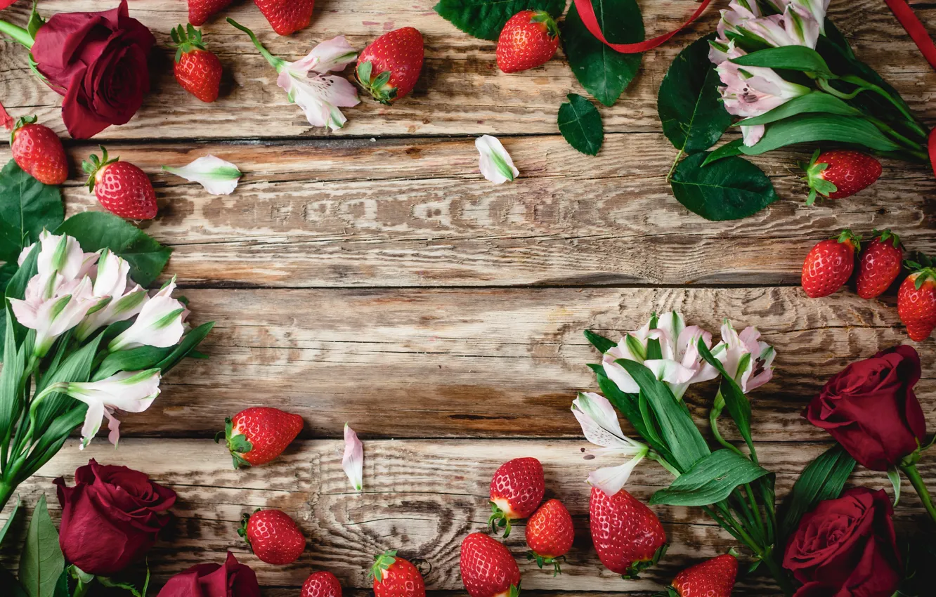 Photo wallpaper flowers, berries, strawberry, alstomeria