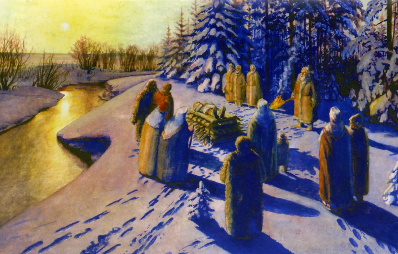 Photo wallpaper the sun, river, paganism, Funeral, burning, Lazarev Jury
