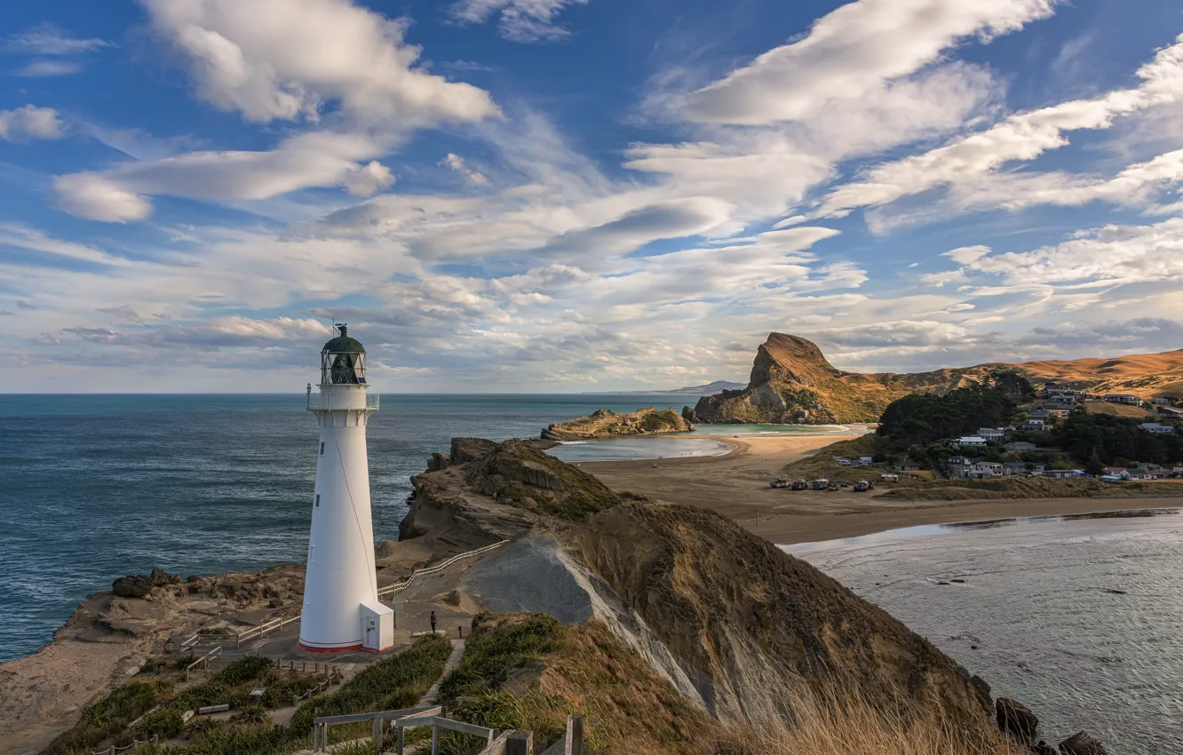 Photo wallpaper coast, lighthouse, New Zealand, Castle Point Lighthouse