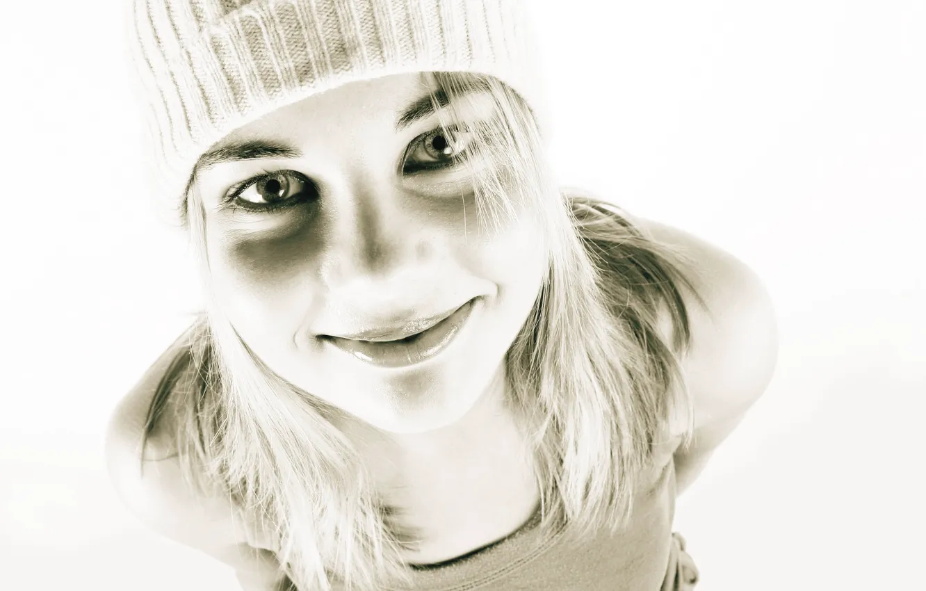 Photo wallpaper look, girl, smile, style, black and white, mood, hat, positive