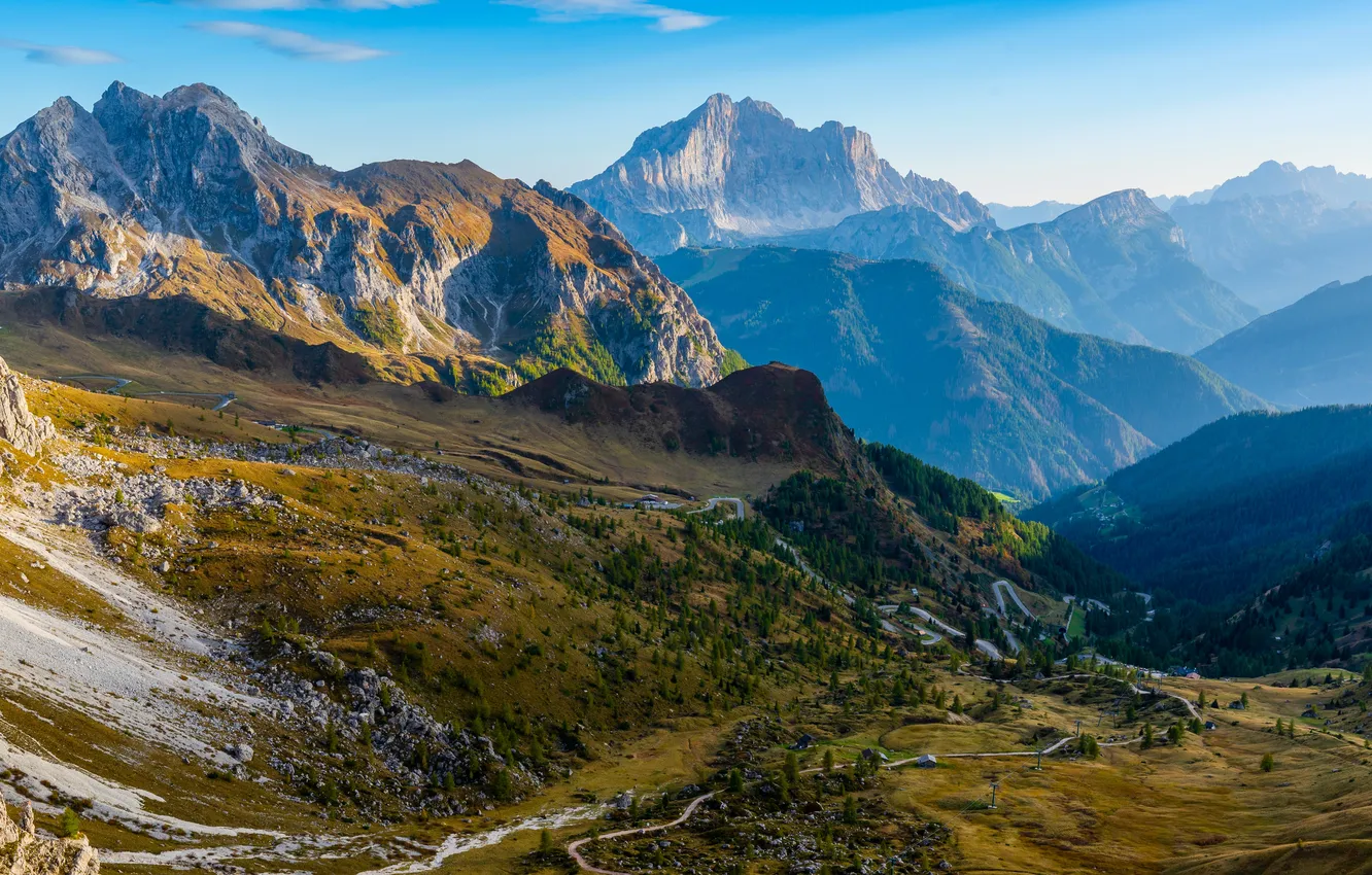 Photo wallpaper forest, road, sky, trees, landscape, nature, mountains, clouds