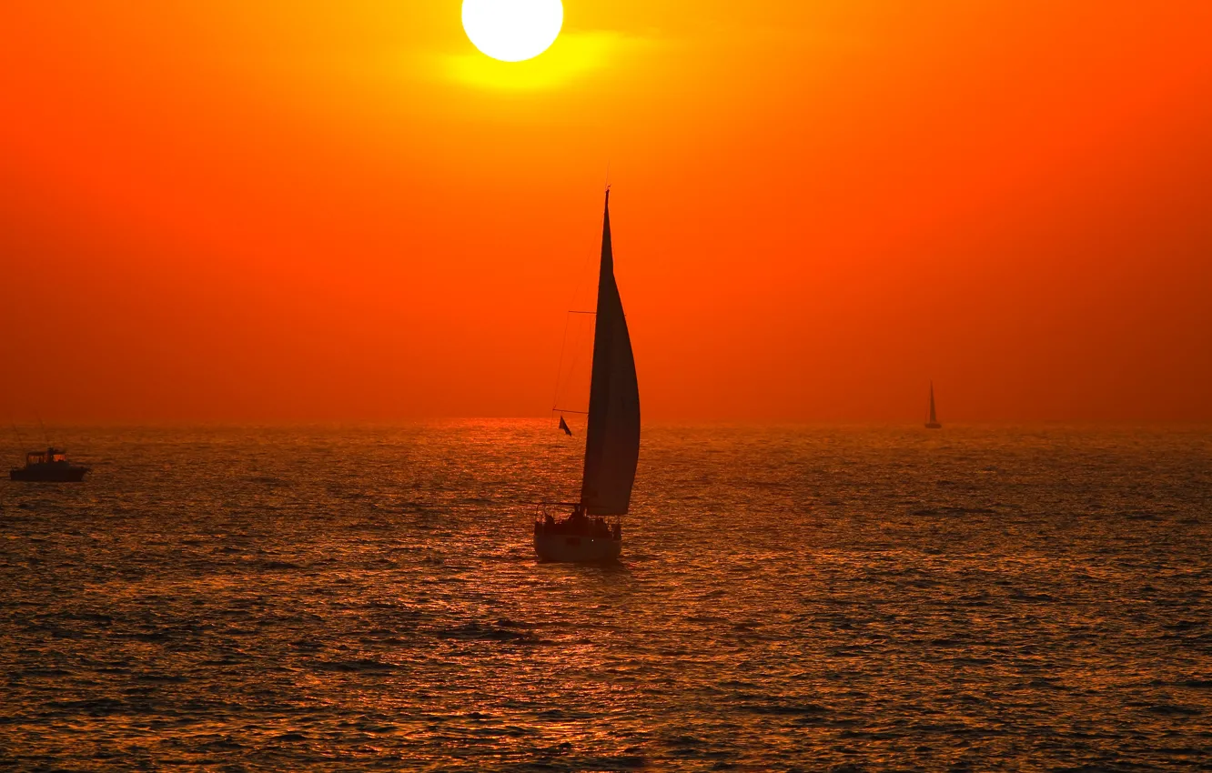 Photo wallpaper sea, the sky, the sun, sunset, boat, sail, outer