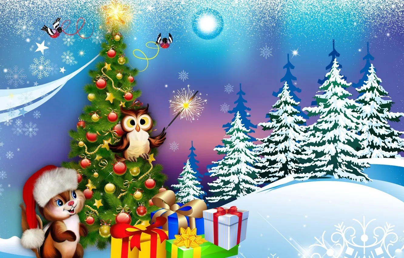 Photo wallpaper owl, tree, protein, gifts, New year