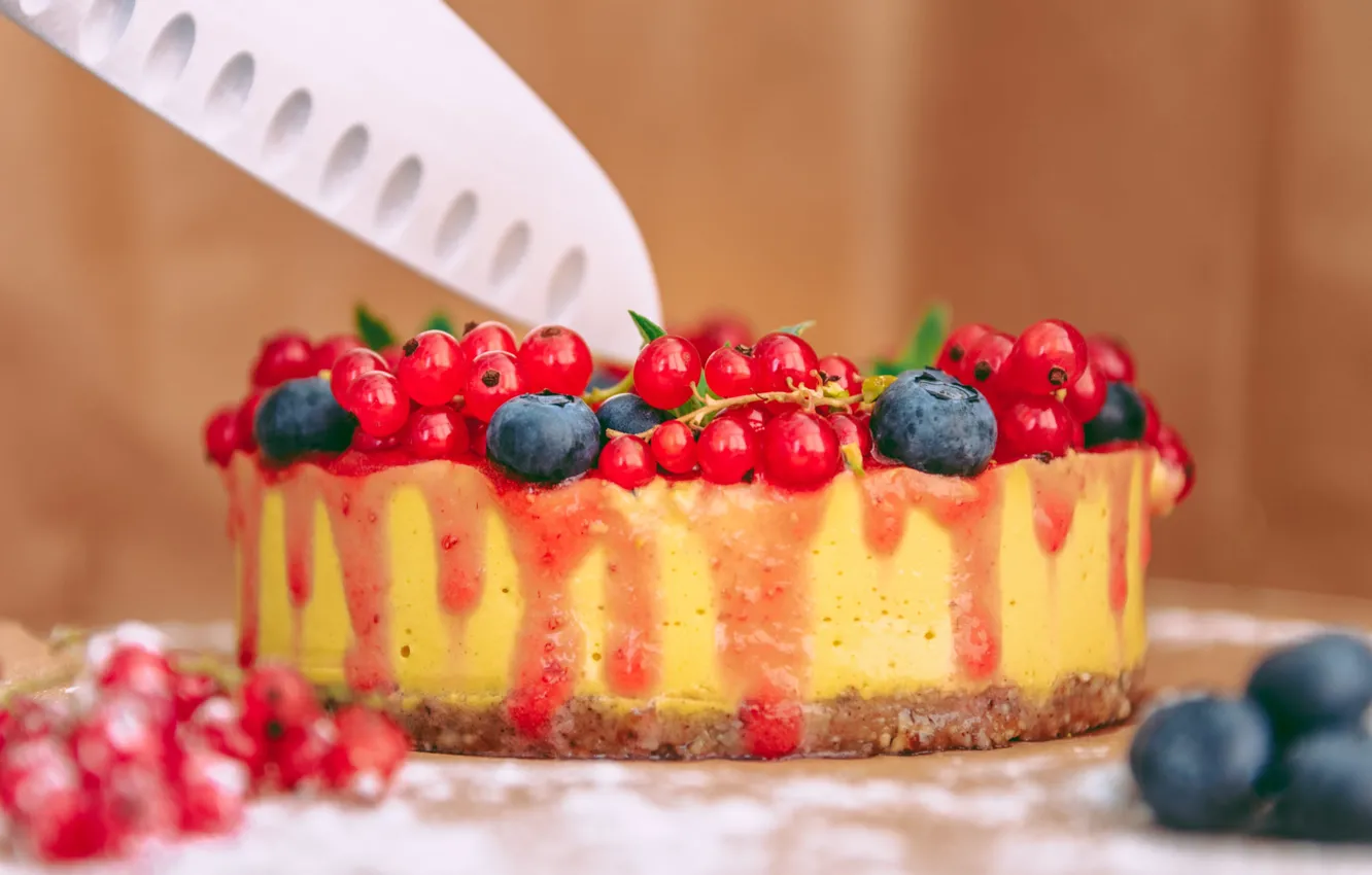 Photo wallpaper cake, table, dessert, red, blueberries, berries, knife, decoration