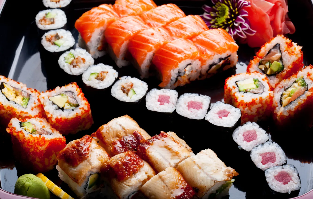 Photo wallpaper flowers, lemon, lemon, flowers, rolls, sushi, sushi, rolls
