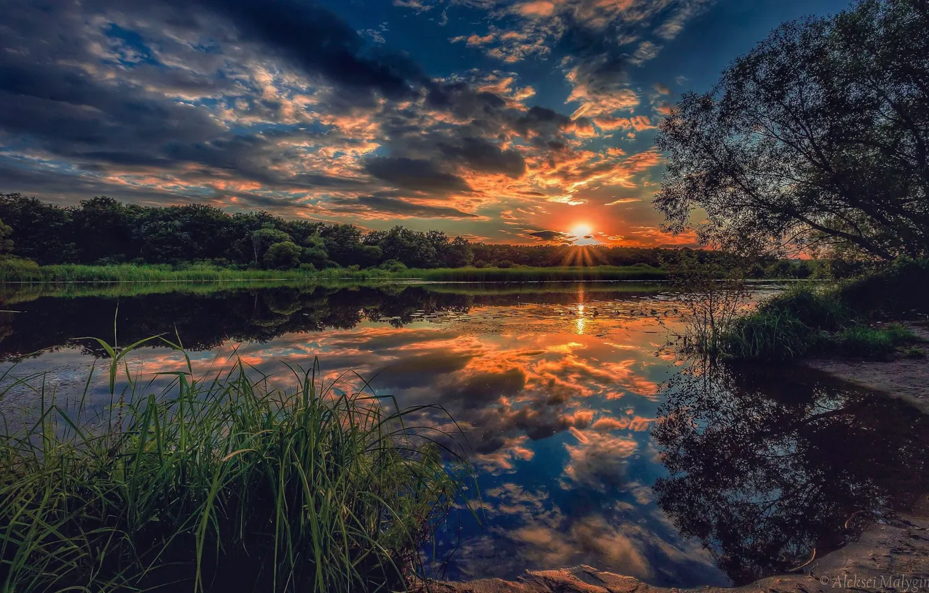 Photo wallpaper the sky, trees, sunset, river, Aleksei Malygin