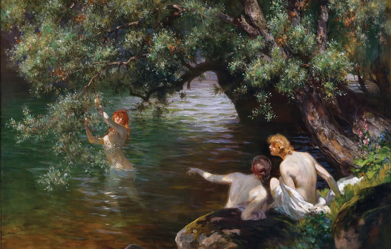 Photo wallpaper water, girl, trees, lake, picture, Austrian artist, Bathers at Lake Leopoldsteinersee in Styria, Alois Hans …