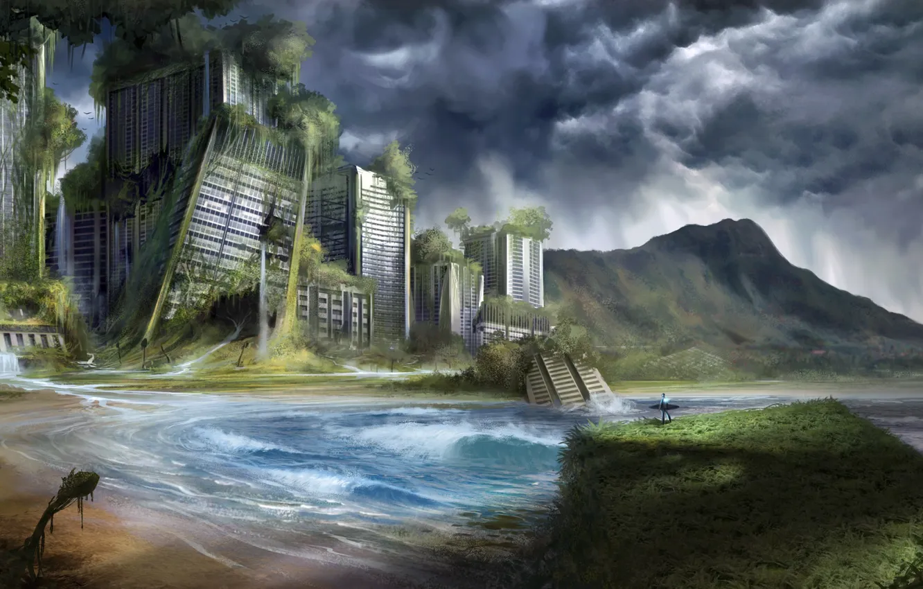 Photo wallpaper sea, the city, thickets, Board, people, art, ruins, surfer