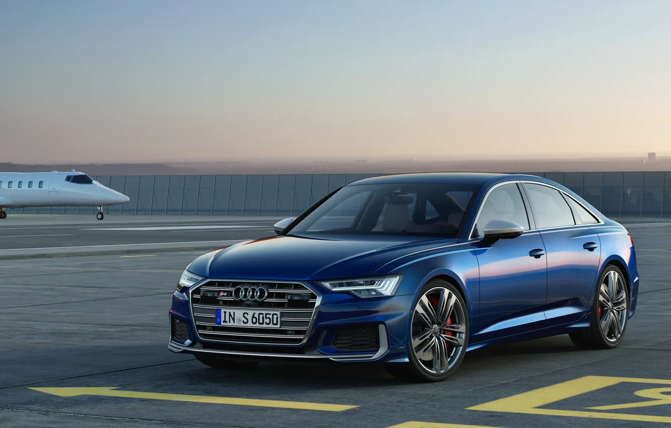 Photo wallpaper blue, Audi, airport, sedan, Audi A6, 2019, Audi S6