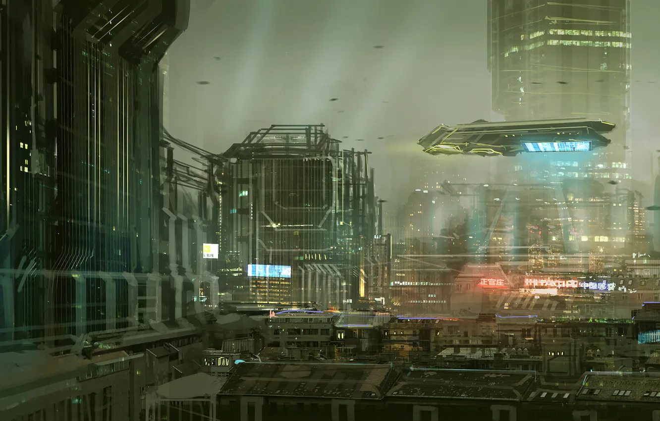 Photo wallpaper the city, future, fiction, ship, tower, art, megapolis
