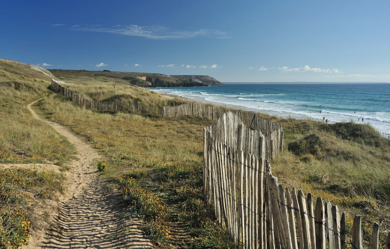 Photo wallpaper road, sea, landscape, the fence