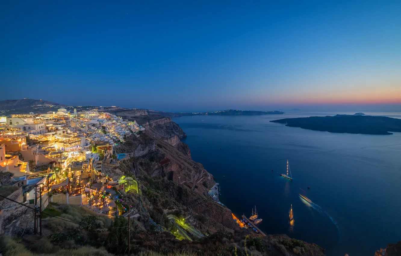 Photo wallpaper sea, ship, island, home, the evening, Greece, Santorini, Greece