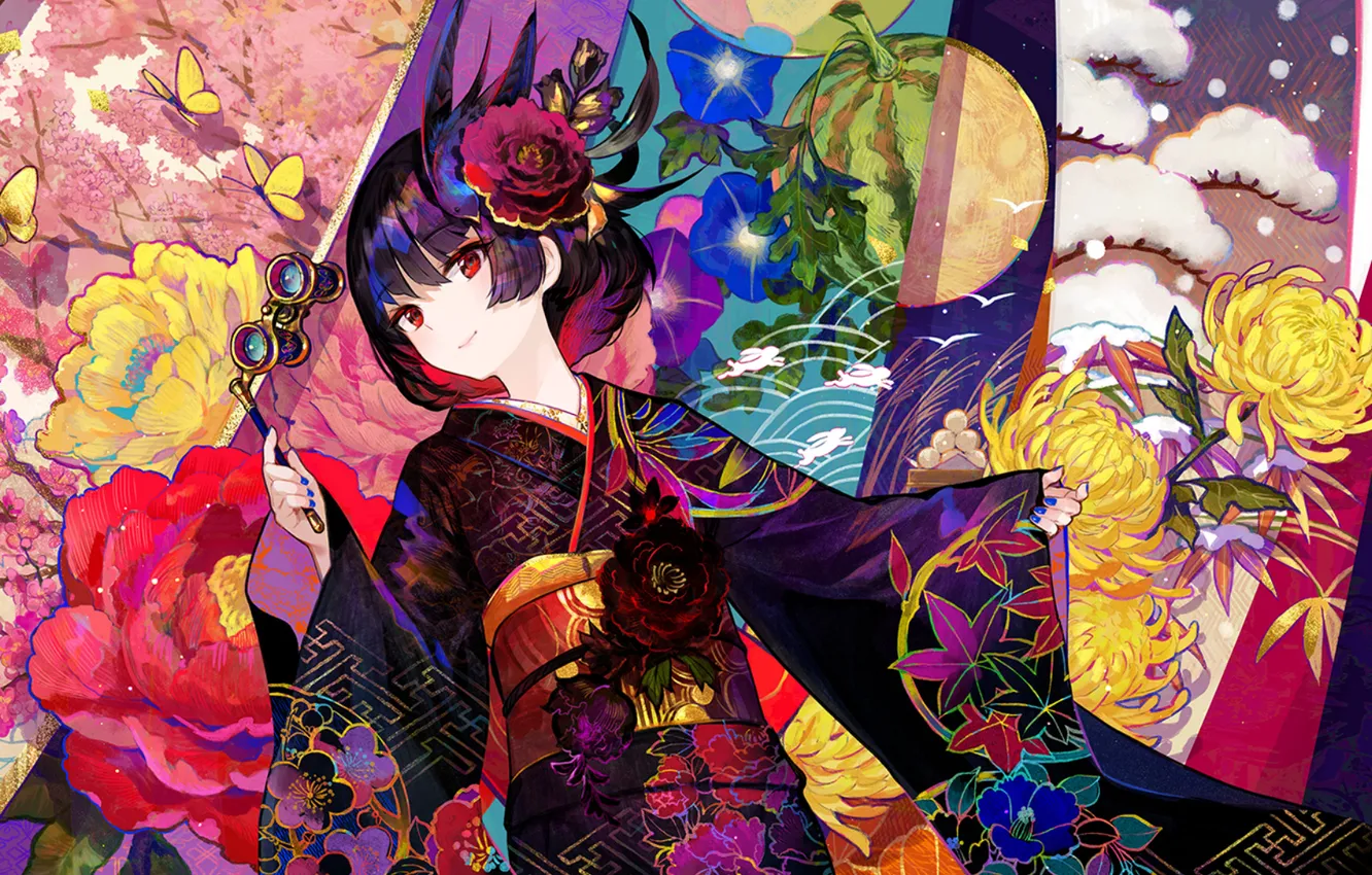 Photo wallpaper butterfly, girl, binoculars, kimono, red eyes, chrysanthemum, bangs, four seasons