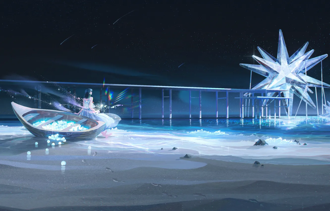 Photo wallpaper sea, girl, night, boat, fantasy, Starfall