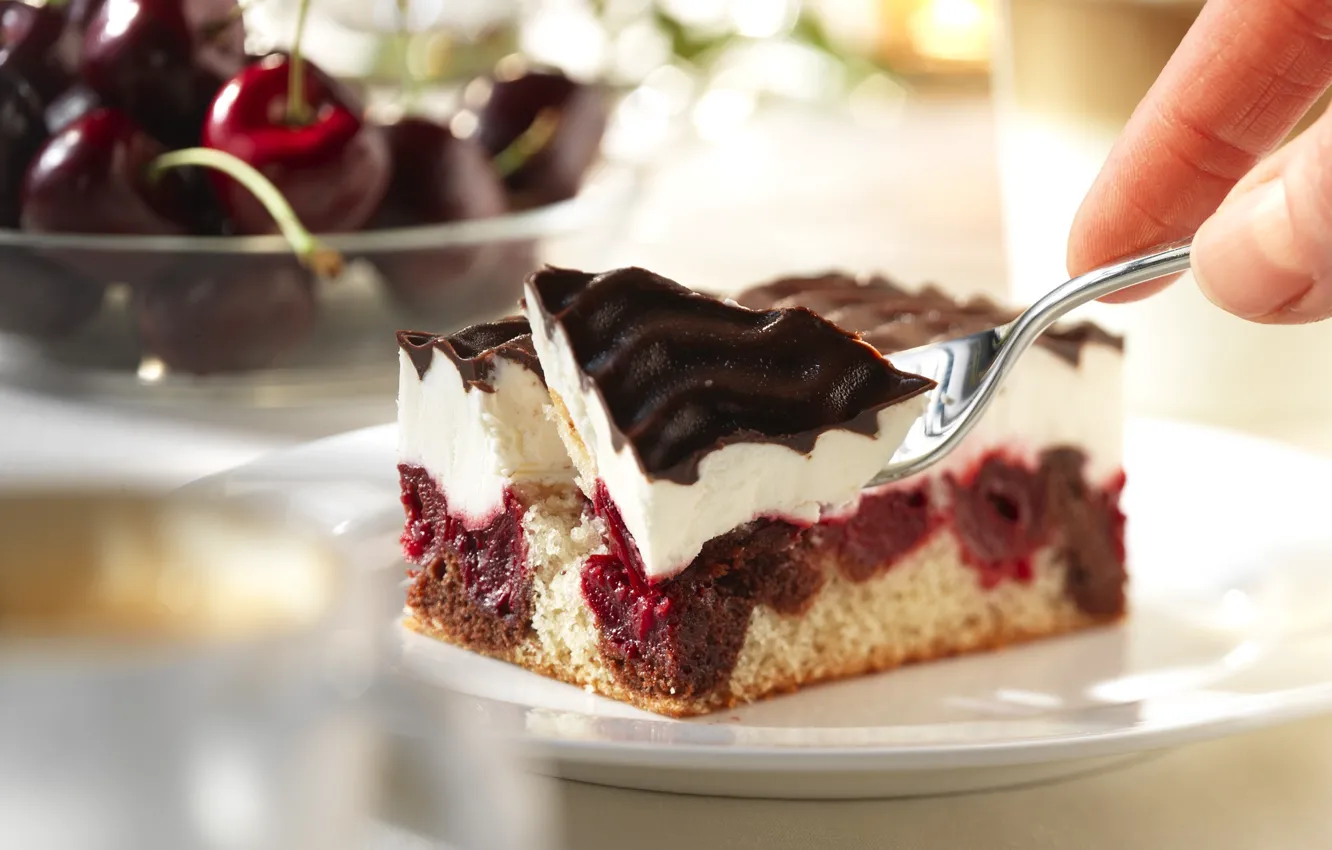 Photo wallpaper cherry, food, plate, cake, plug, cream, dessert, glaze
