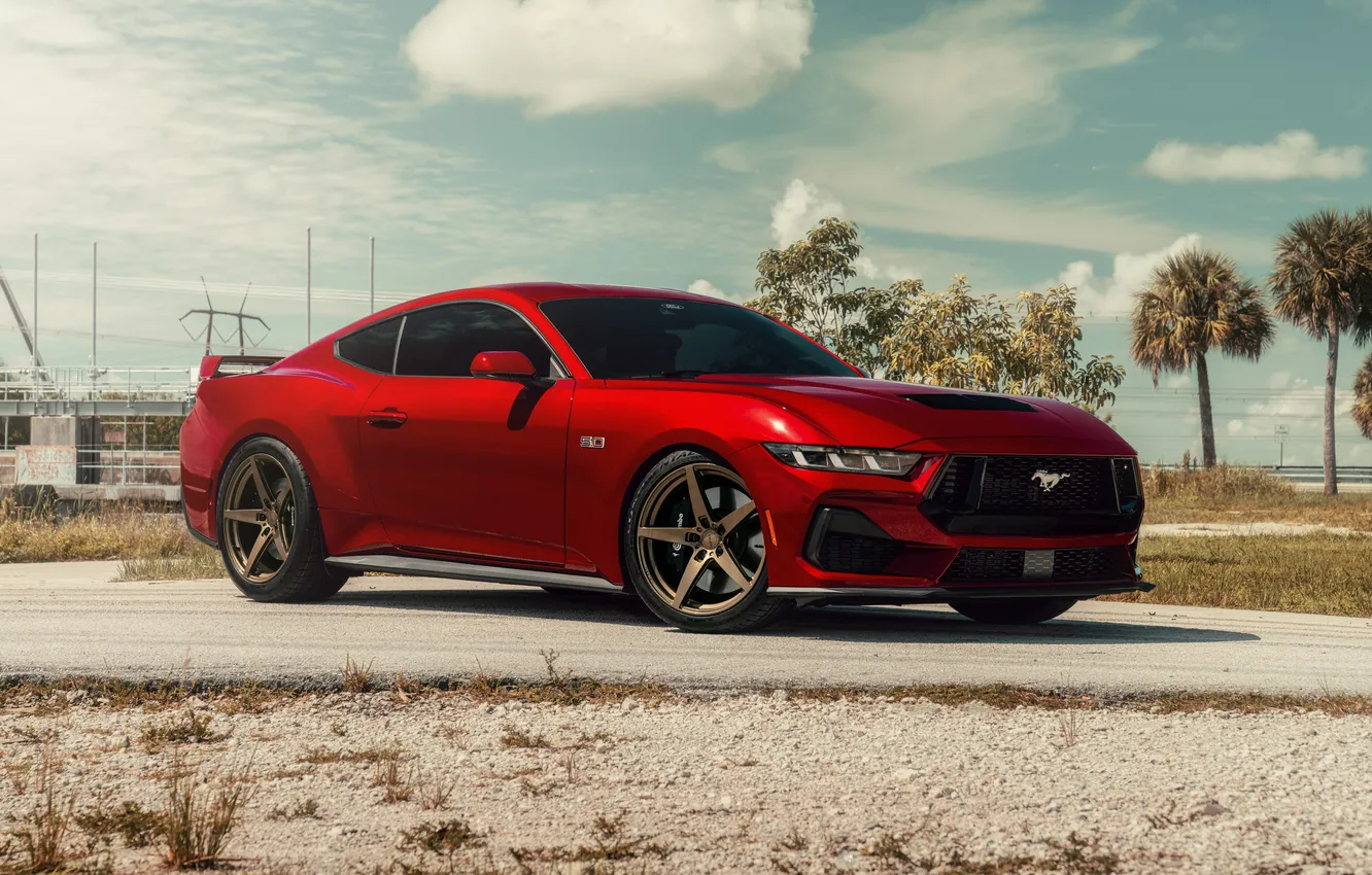 Photo wallpaper Ford, red, road, desert, muscle car, clouds, Ford Mustand