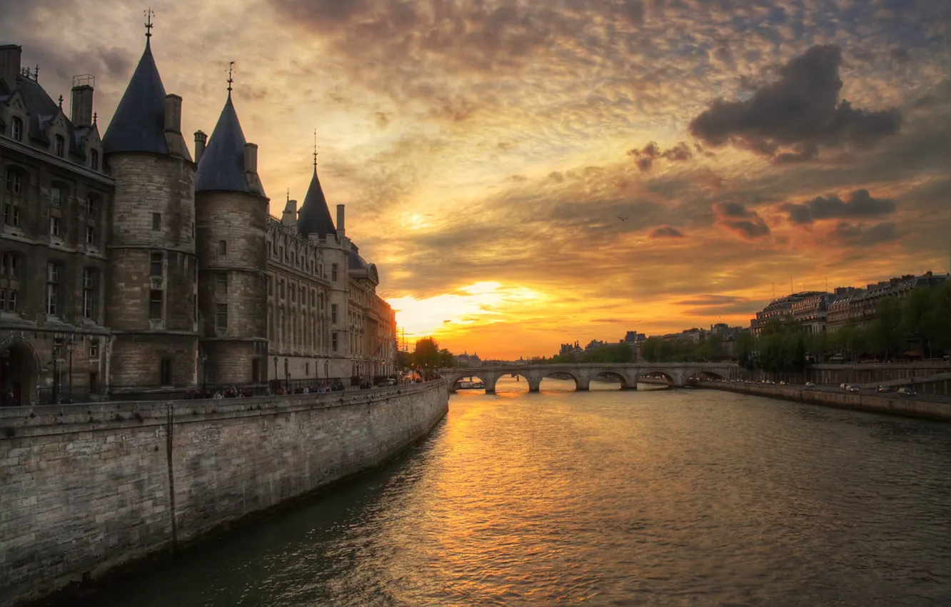 Photo wallpaper sunset, bridge, river, France, Paris, the evening, hay