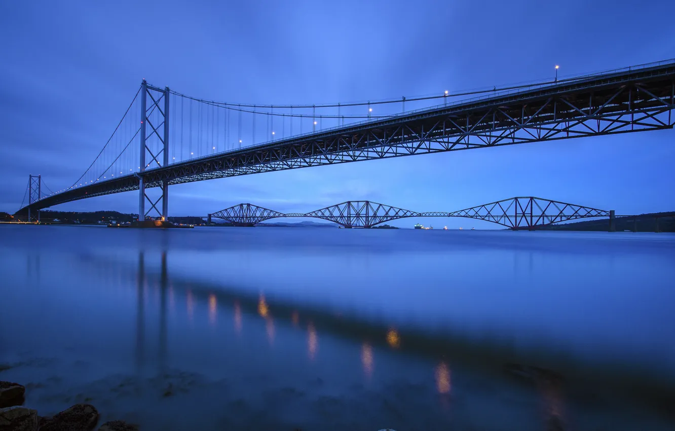 Photo wallpaper the sky, bridge, river, the evening, Scotland, UK, blue, river