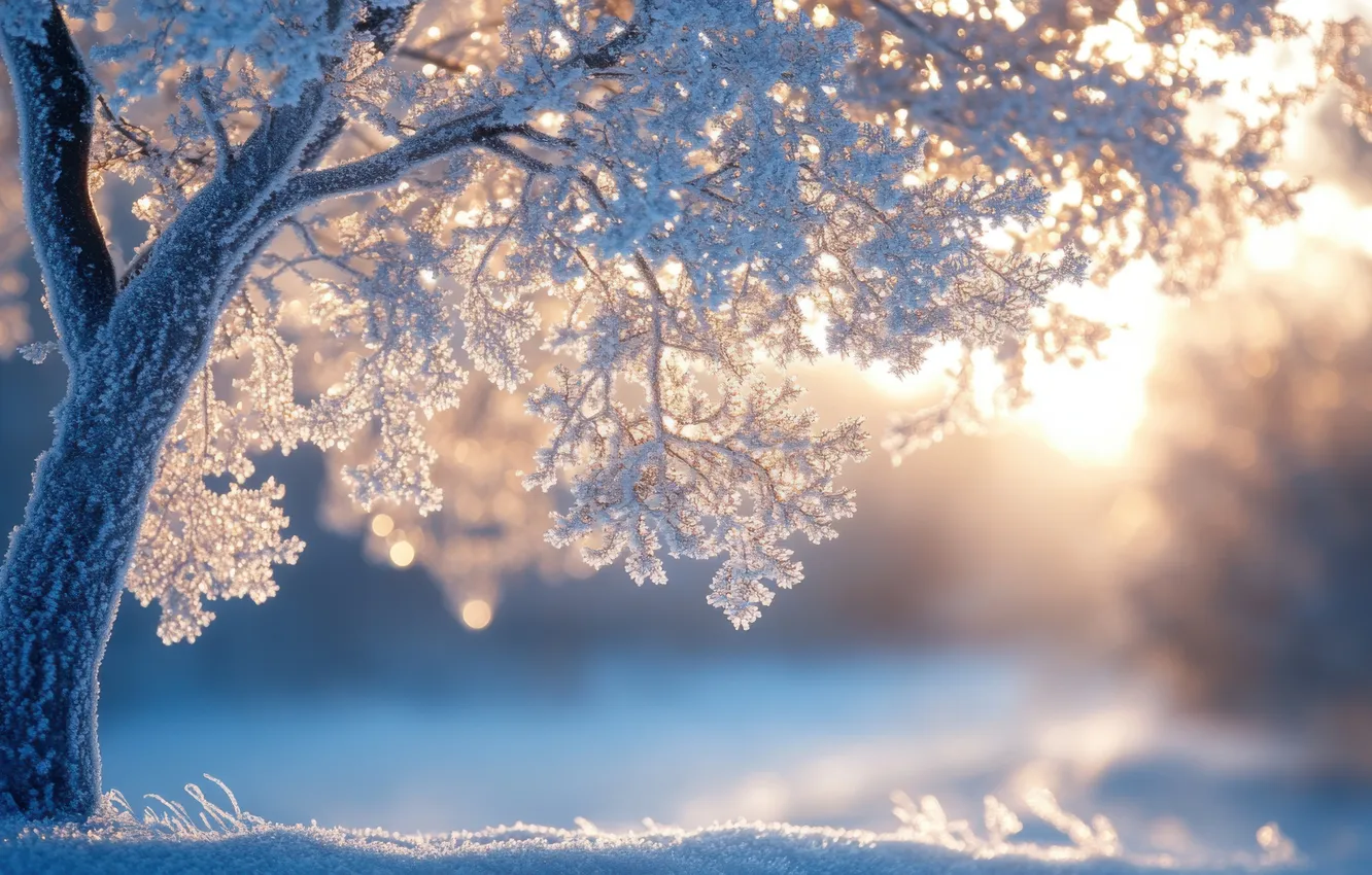 Photo wallpaper winter, frost, the sun, snow, trees, branches, morning, the snow