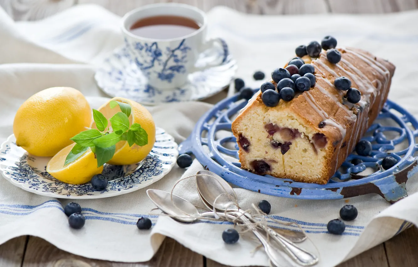 Photo wallpaper berries, lemon, tea, food, blueberries, fruit, citrus, dessert