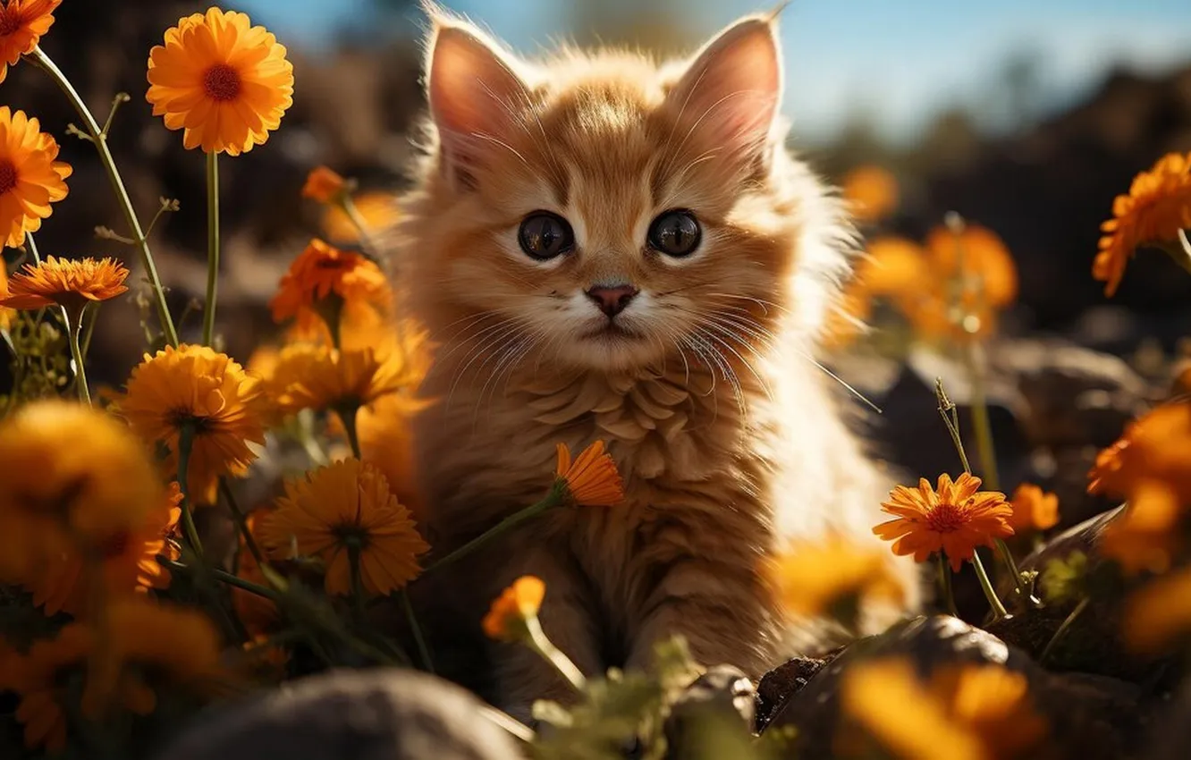 Photo wallpaper flowers, fluffy, red, kitty, generated by AI