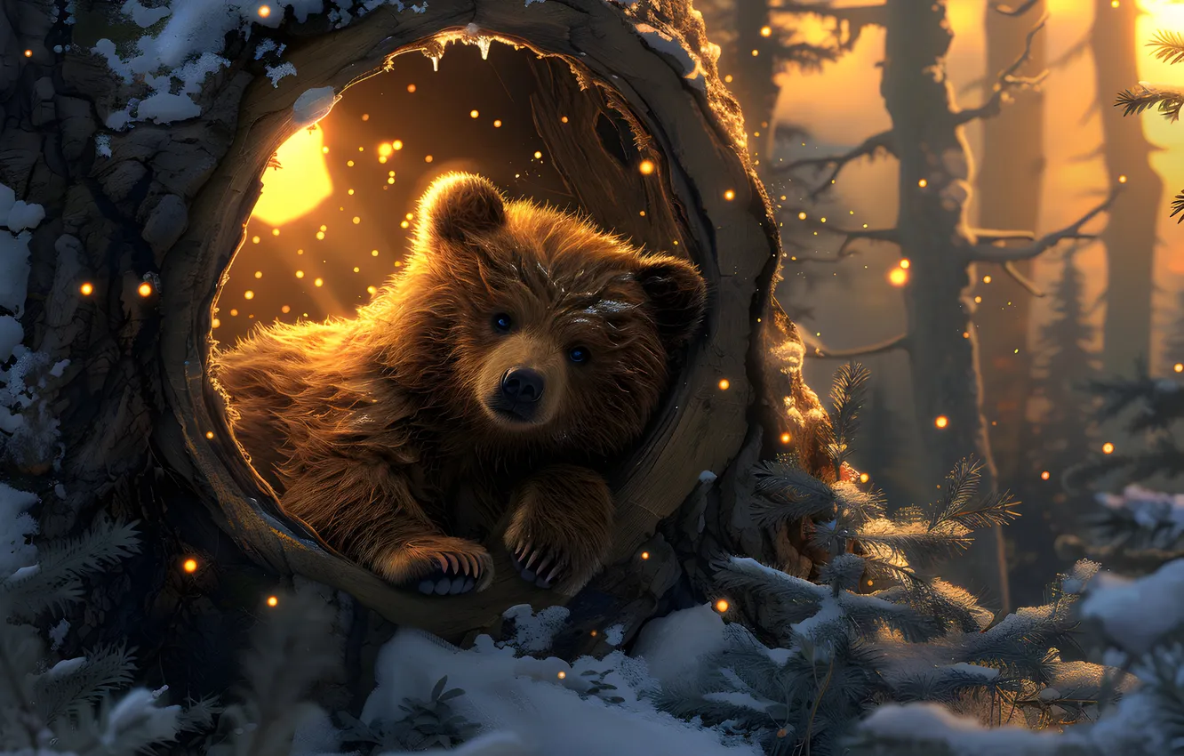 Photo wallpaper trees, dawn, predator, bear, brown bear, digital art, AI art, The Art of Artificial Intelligence