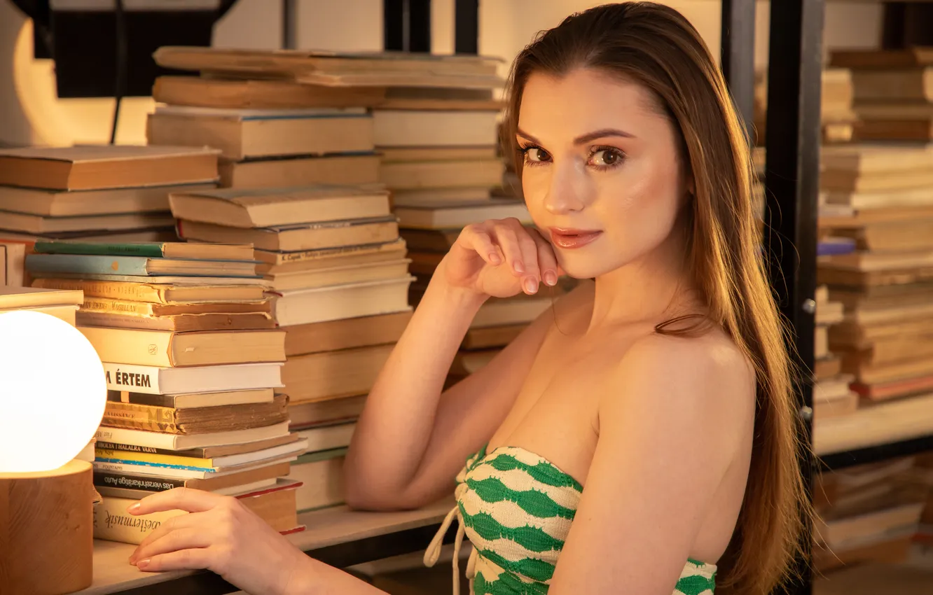 Photo wallpaper cleavage, long hair, model, brunette, books, gorgeous, posing, busty