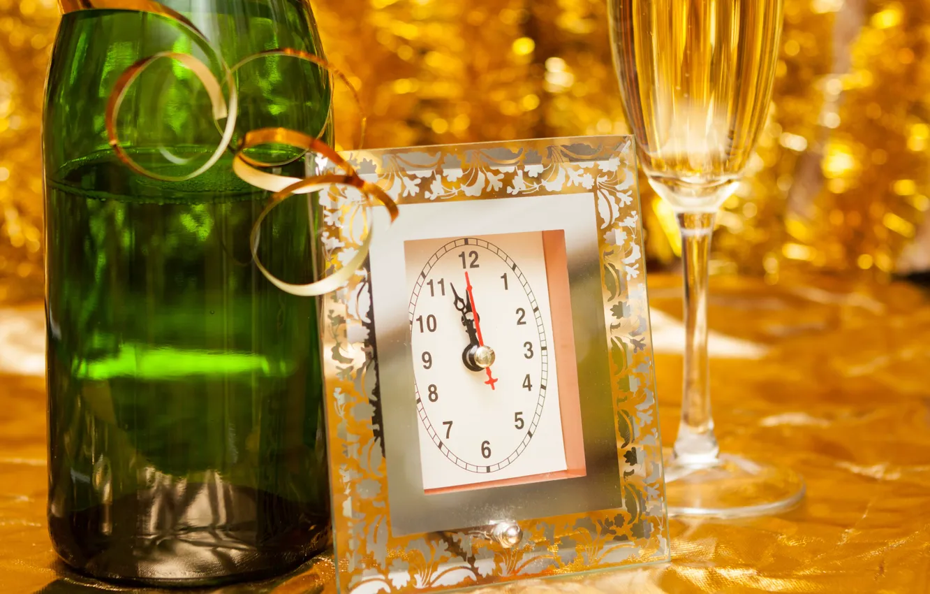 Photo wallpaper time, glare, holiday, watch, glass, bottle, Christmas, New year