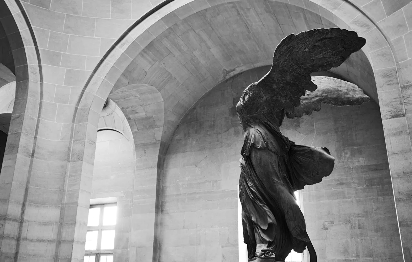 Photo wallpaper girl, Paris, woman, wings, walls, black and white, female, statue