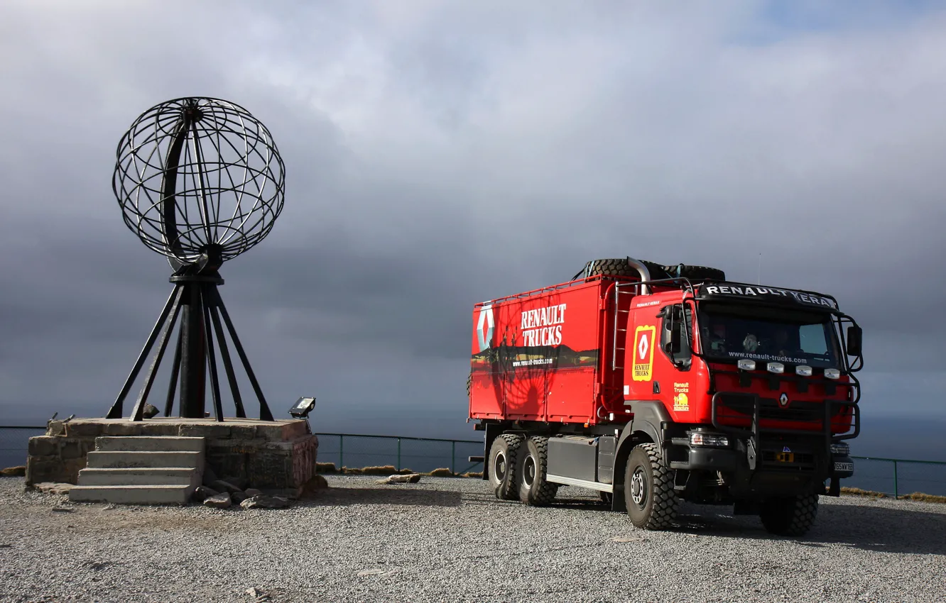 Photo wallpaper red, truck, monument, Renault, Playground, triaxial, Renault Trucks, Kerax