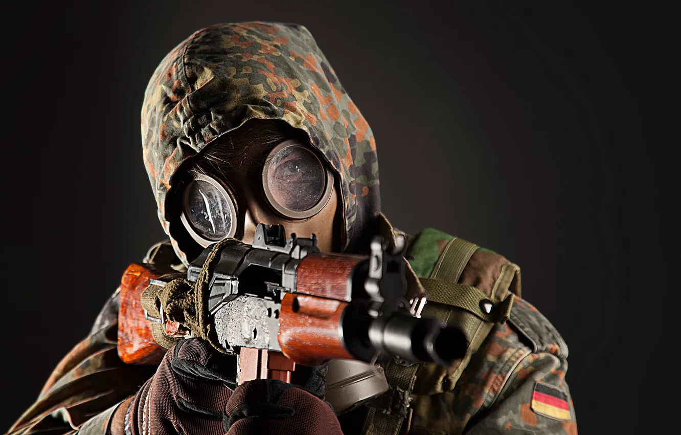 Photo wallpaper weapons, background, soldiers, machine, gas mask, male