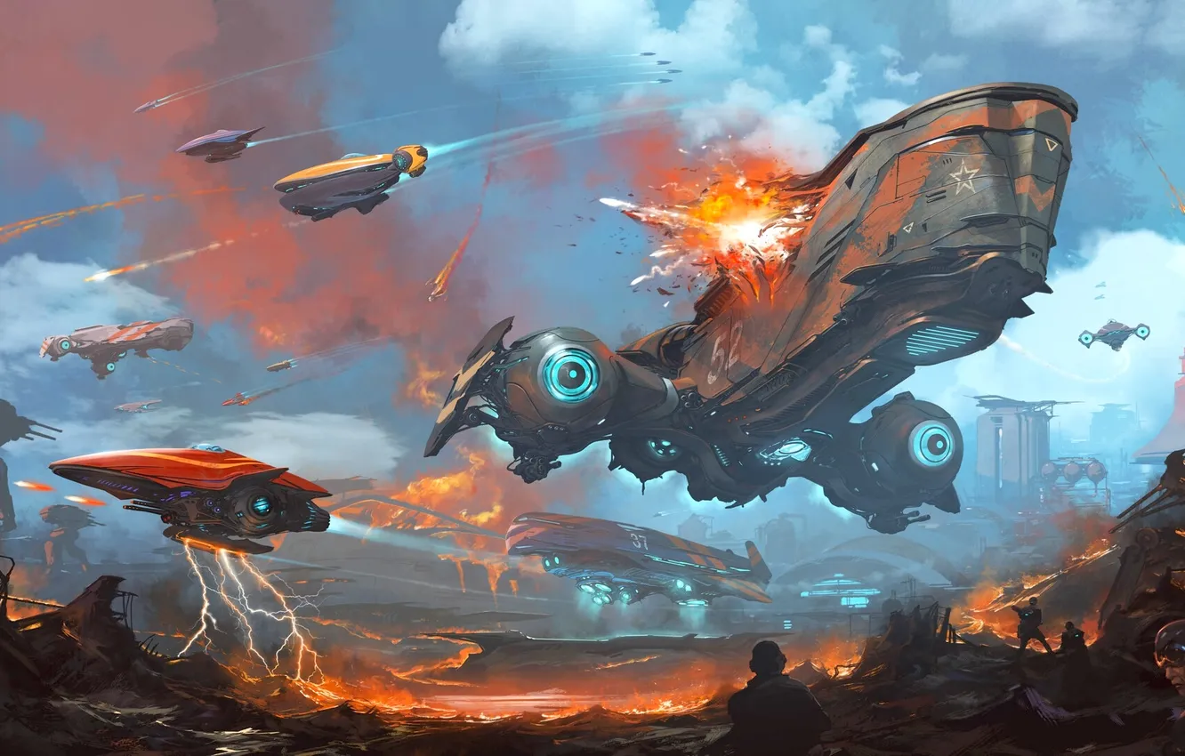Photo wallpaper explosion, fantasy, soldiers, sky, science fiction, sci-fi, battle, digital art