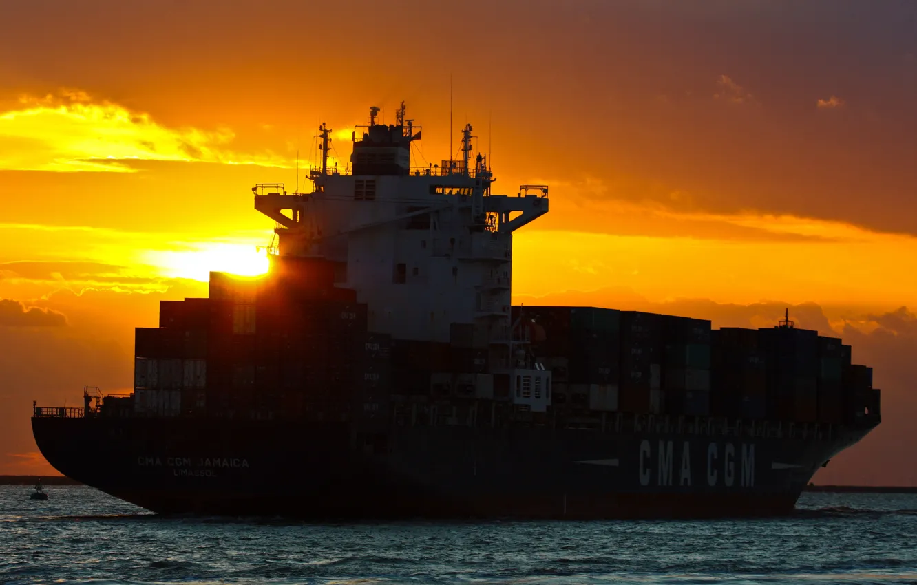 Photo wallpaper sea, sunset, the ship, a container ship