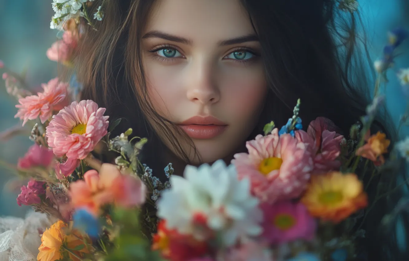 Photo wallpaper look, girl, flowers, sweetheart, portrait, bouquet, brunette, haze