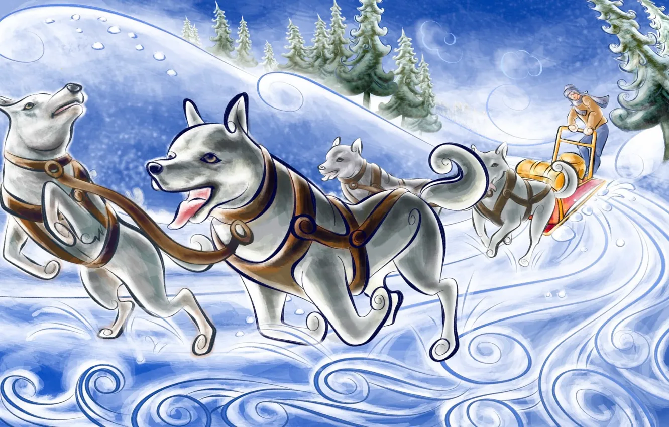Photo wallpaper winter, snow, team, Laika