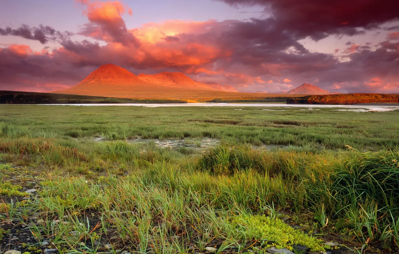 Photo wallpaper grass, clouds, mountains, 153