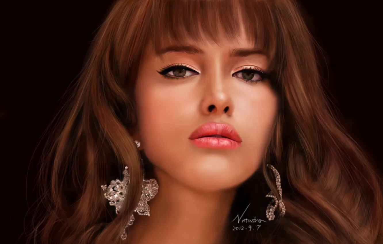 Photo wallpaper girl, face, the dark background, earrings, art