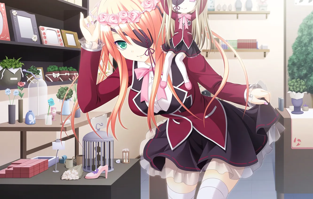 Photo wallpaper plant, stockings, doll, red, wreath, school uniform, shop, eye patch