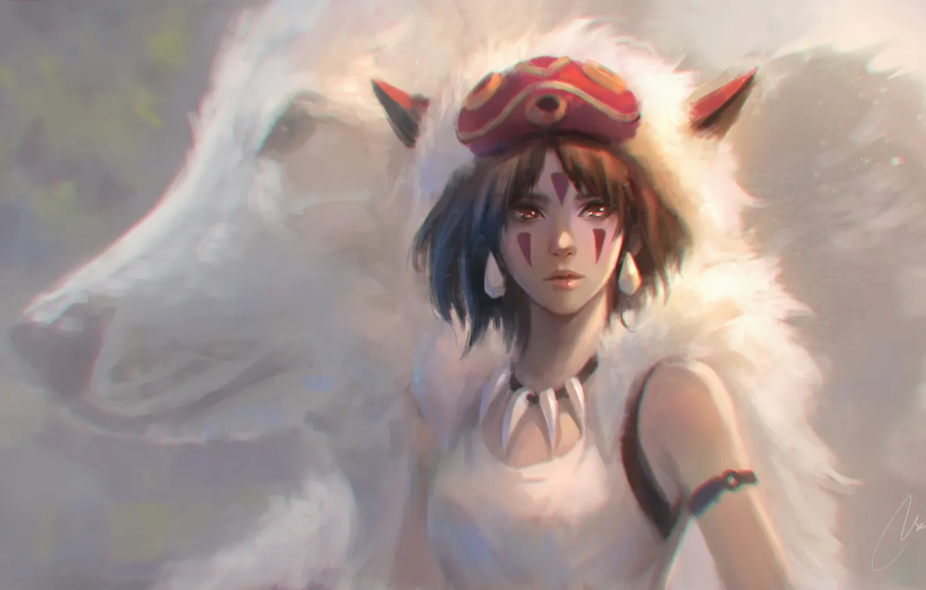 Photo wallpaper girl, wolf, mask, art, San, mononoke hime, nguyen uy vu
