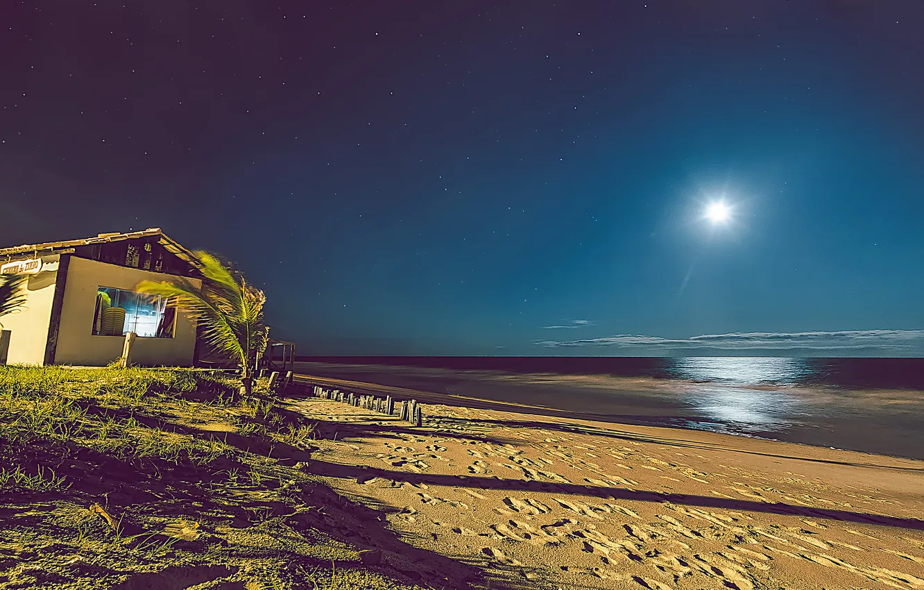 Photo wallpaper sea, beach, night, home, moonlight, Brazil, Baja, wave moon