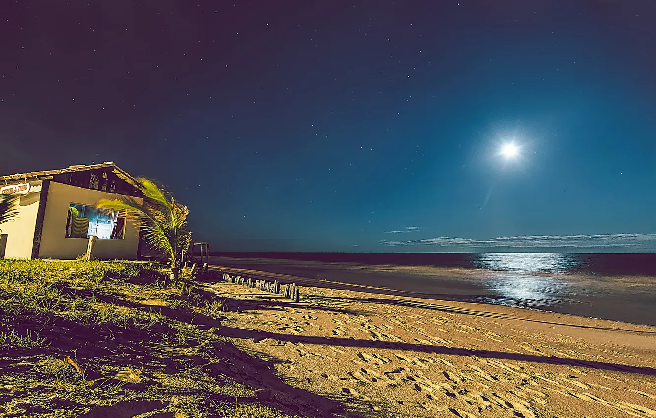 Photo wallpaper sea, beach, night, house, moonlight, Brazil, Baja, wave moon