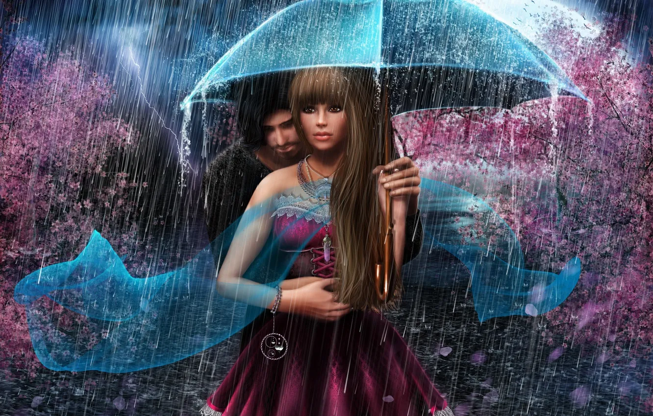 Photo wallpaper girl, rain, romance, lightning, umbrella, guy