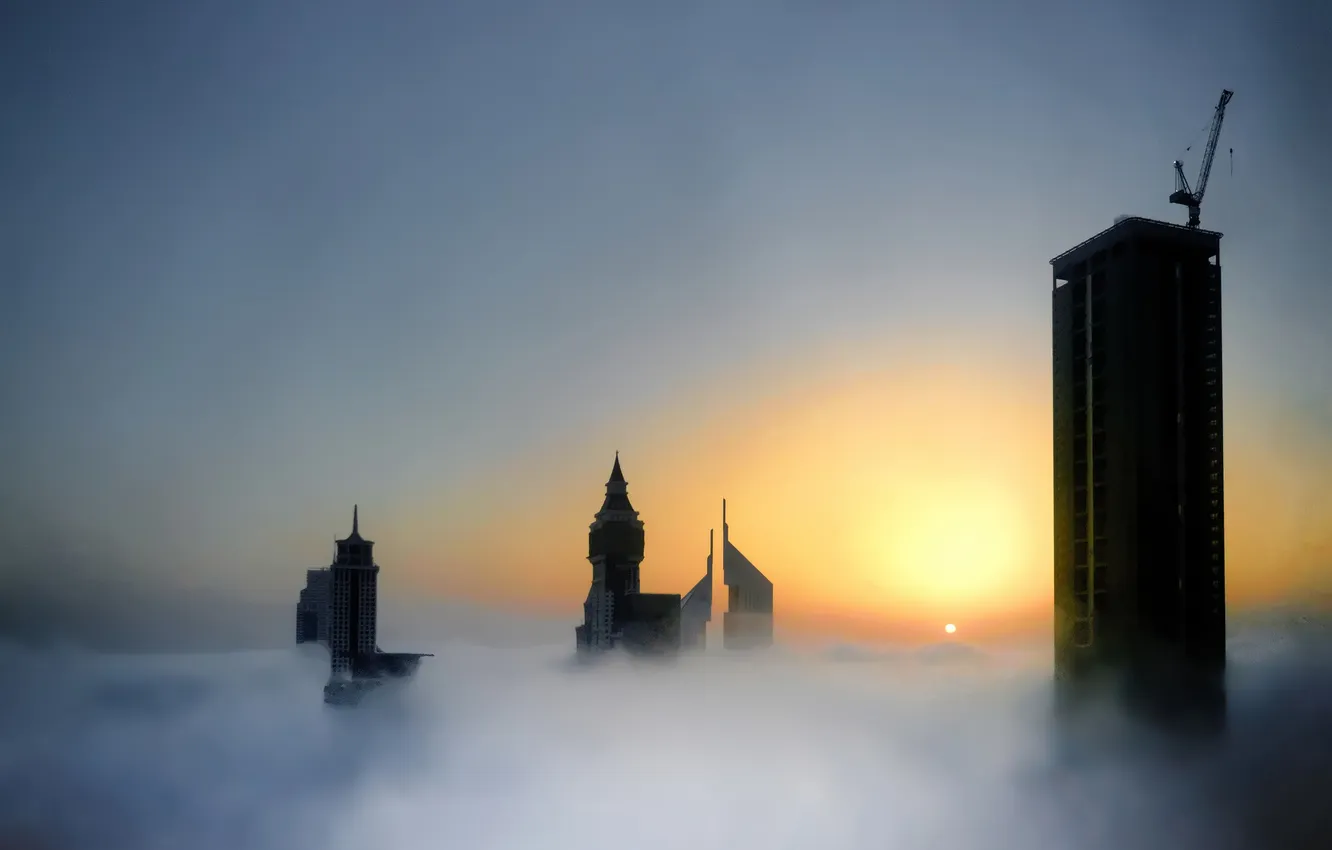 Photo wallpaper clouds, fog, sunrise, building, height, skyscrapers, Dubai