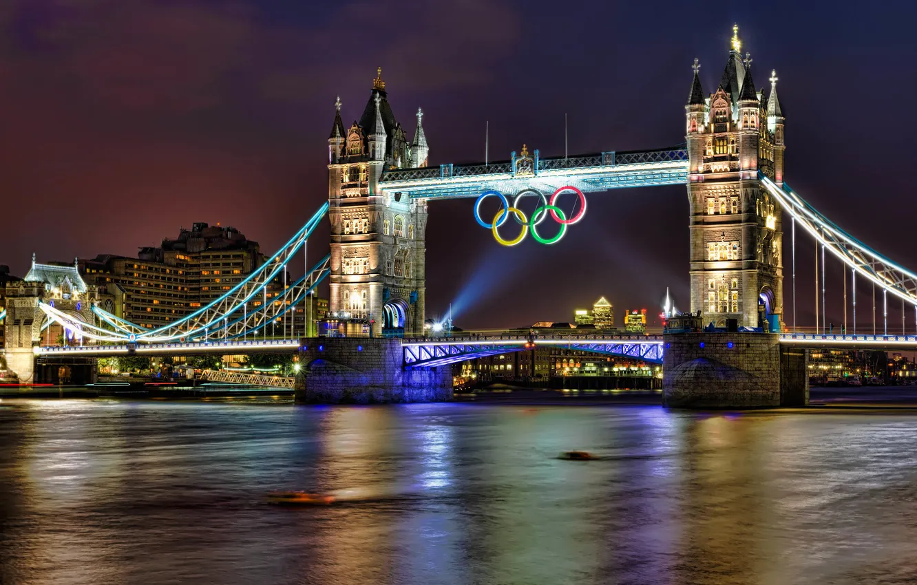 Photo wallpaper night, lights, London, backlight, Tower bridge, the river Thames, Olympic symbols, five rings