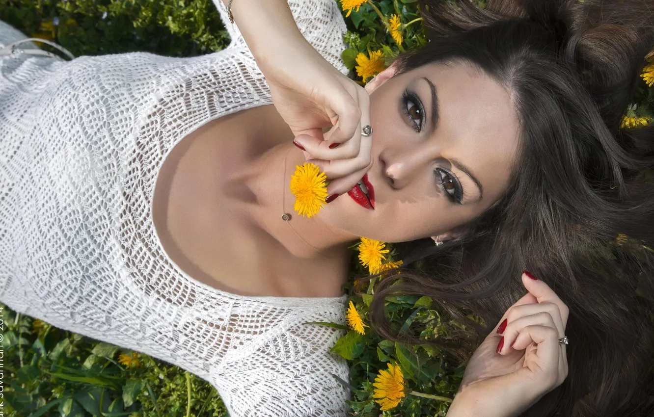 Photo wallpaper grass, look, flowers, face, dress