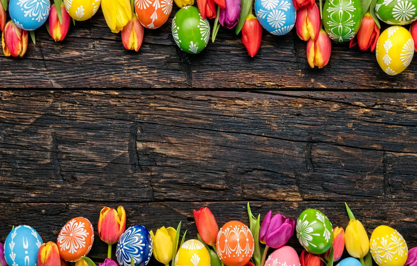 Photo wallpaper colorful, Easter, tulips, wood, flowers, tulips, spring, Easter