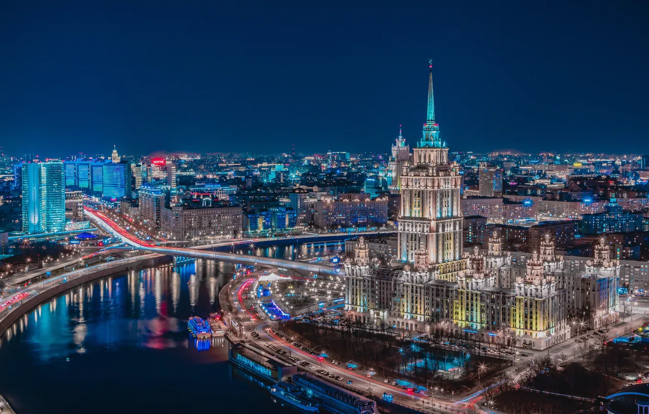 Photo wallpaper bridge, river, building, home, Moscow, Russia, night city, The Moscow river